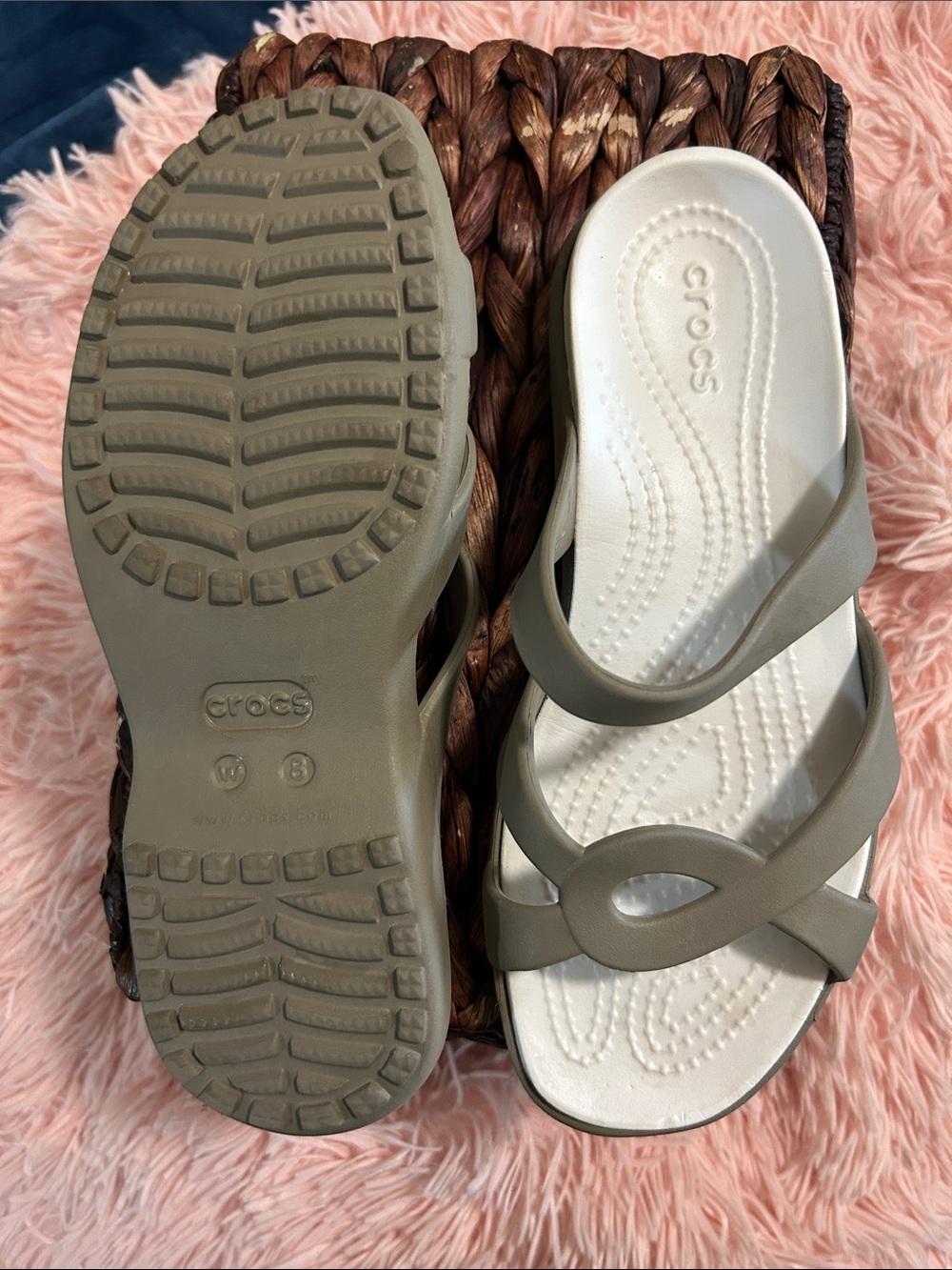 CROCS Women's Olive/Taupe Strappy Slide Sandals - Picture 3 of 4